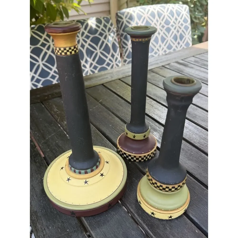 Vintage SET OF 3 Folk Art Candlestick Hiolders Williraye Studio Hand Painted